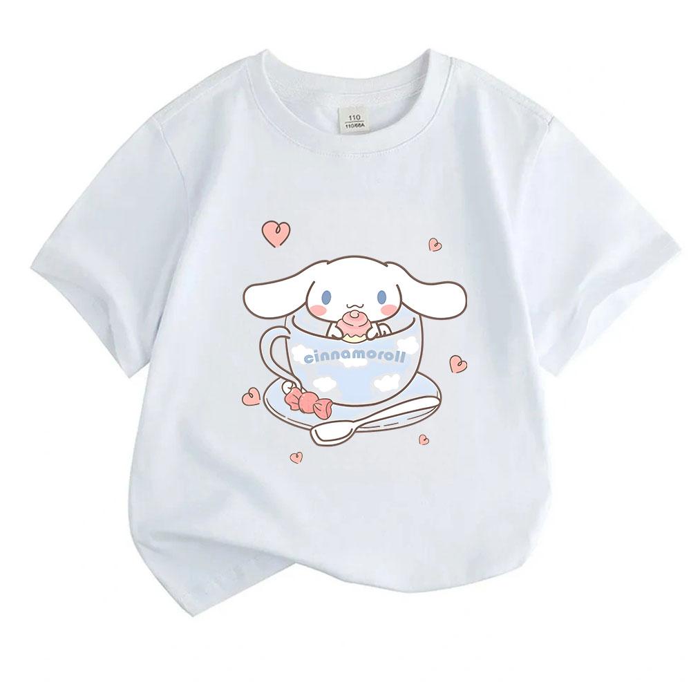 Cute Cartoon Big Ear Puppy Print Kids Boys Girls 100% Cotton T-Shirt Casual Crew Neck Short Sleeves Soft Breathable Summer Tees Adorable Heart Cup Pat