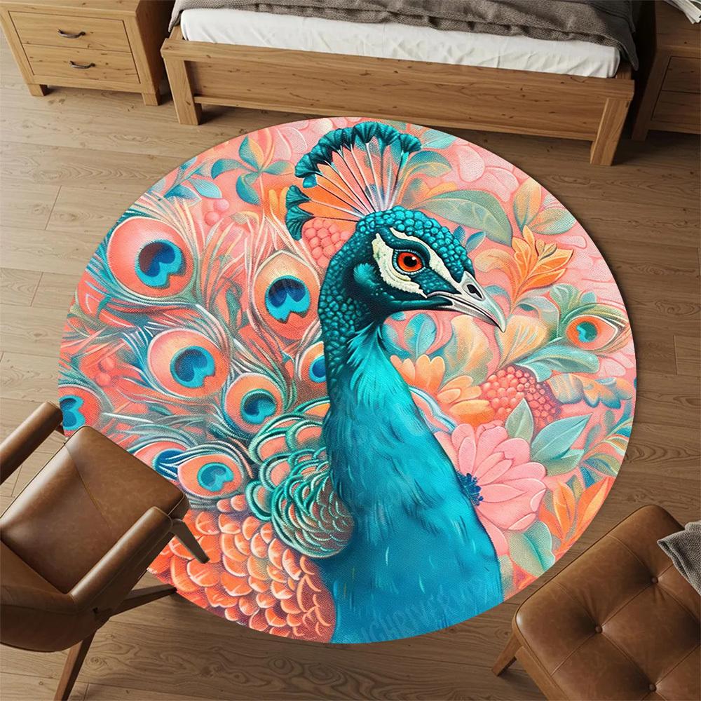 1PC Peacock Flowers Office Round Area Rug, Under Office Chairs Bedroom Living Room Home Decor,Carpet for Office, -1110173