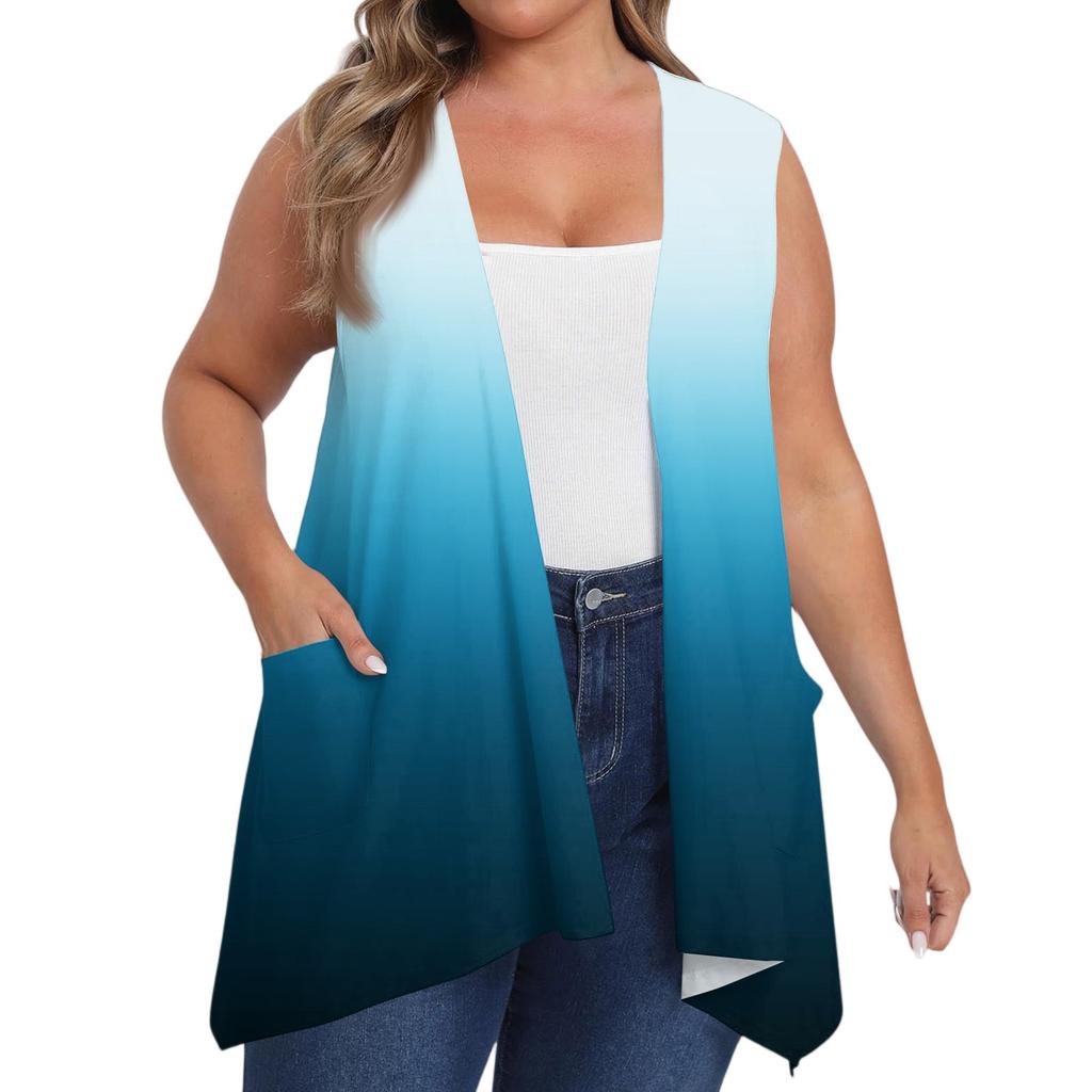 Women's Loose Casual Printed Sleeveless Vest With Pocket Cardigan Jacket Cardigan Jacket