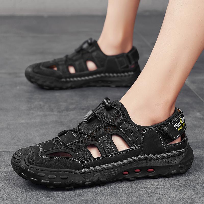 Fashion Mens Leather Sandals Closed Toe Fishermen Sandal Comfortable Hiking Walking Summer Beach Shoes for Men Large Size 46 Brown