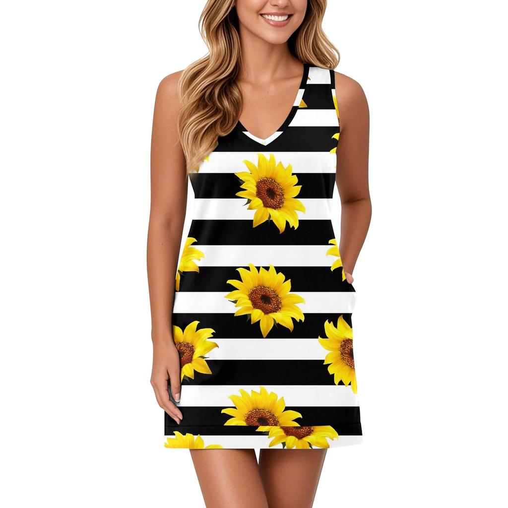 Women's V-neck Sundress Sleeveless Casual Floral Print Dress With Pockets