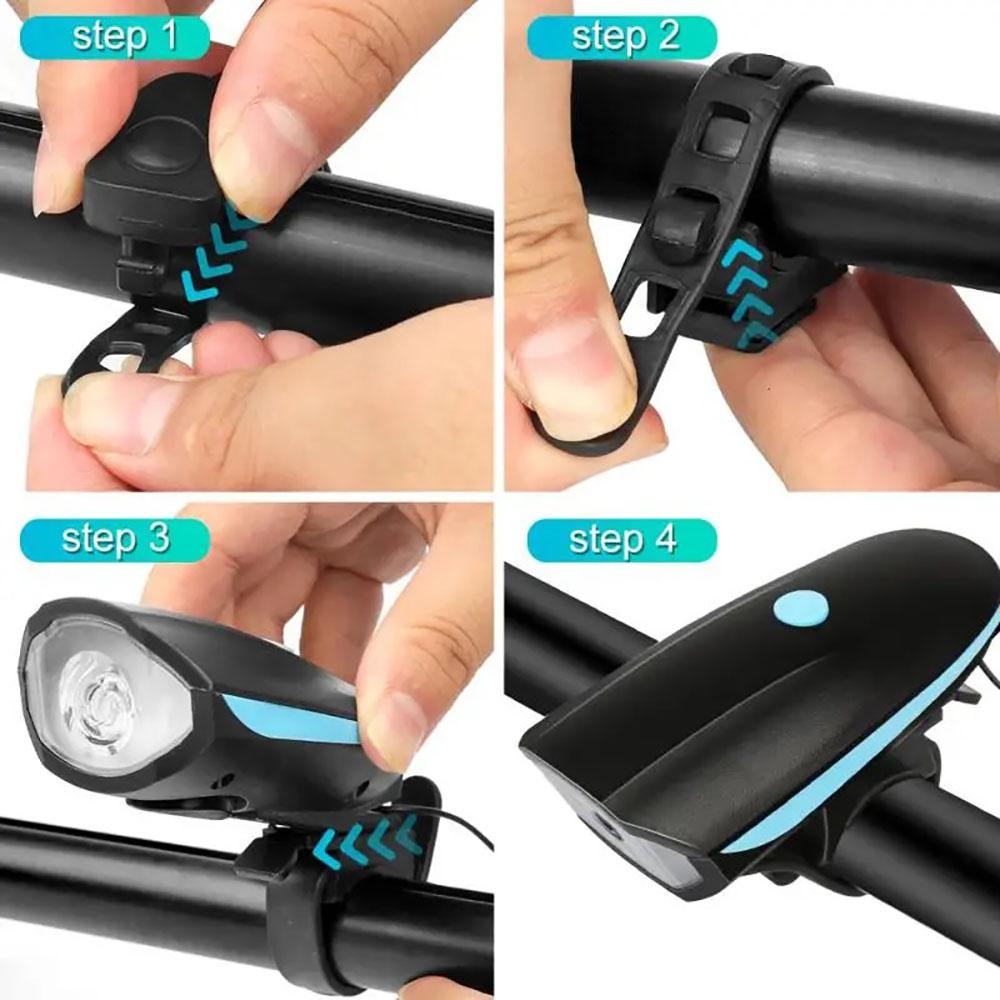 Wiederaufladbares USB-Fahrradscheinwerfer mit Hupe Wasserdichtes LED-Frontlicht für Mountainbike-Straßenfahrrad Nachtfahrradsicherheit