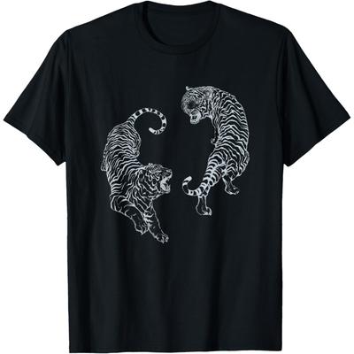 Vintage Tiger Aesthetic Tattoo Art Twin Tigers T-Shirt