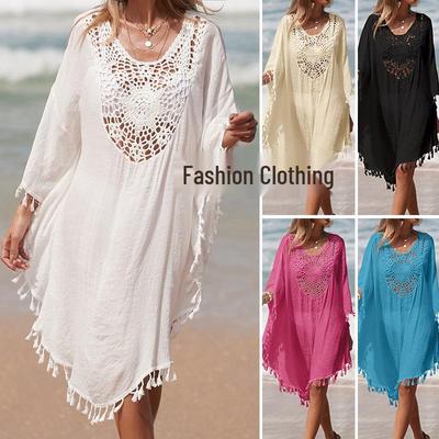 European & American Beach Cover-Up: Hand-Crocheted Solid Color Patchwork Loose Dress with Tassels, Sun Protection, Short and Sexy Style