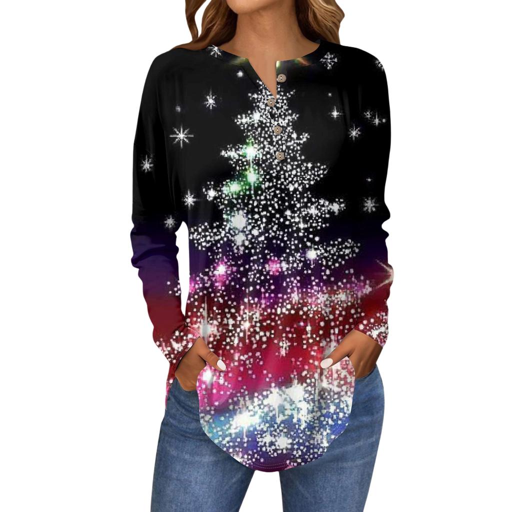 Women's Fashionable Loose-Fit Button-Down Collar Christmas Print Long-Sleeved Top
