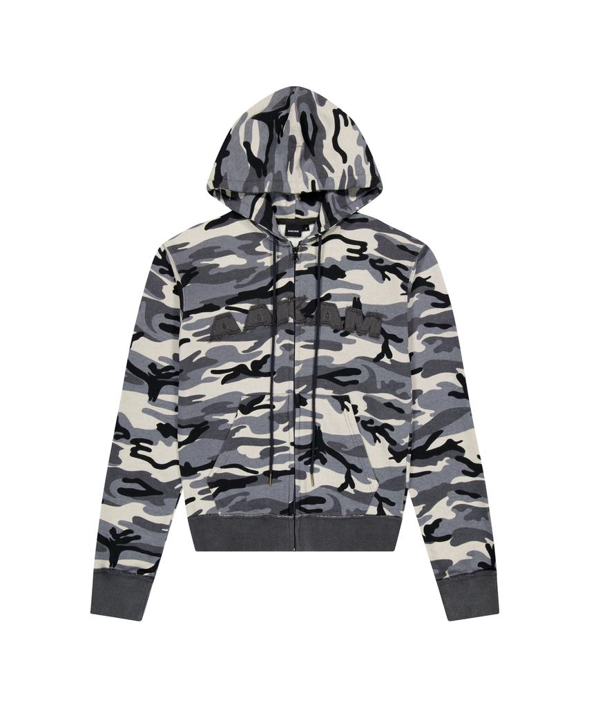 Aakam Contrast Logo Zip-Up Hoodie (Gray)