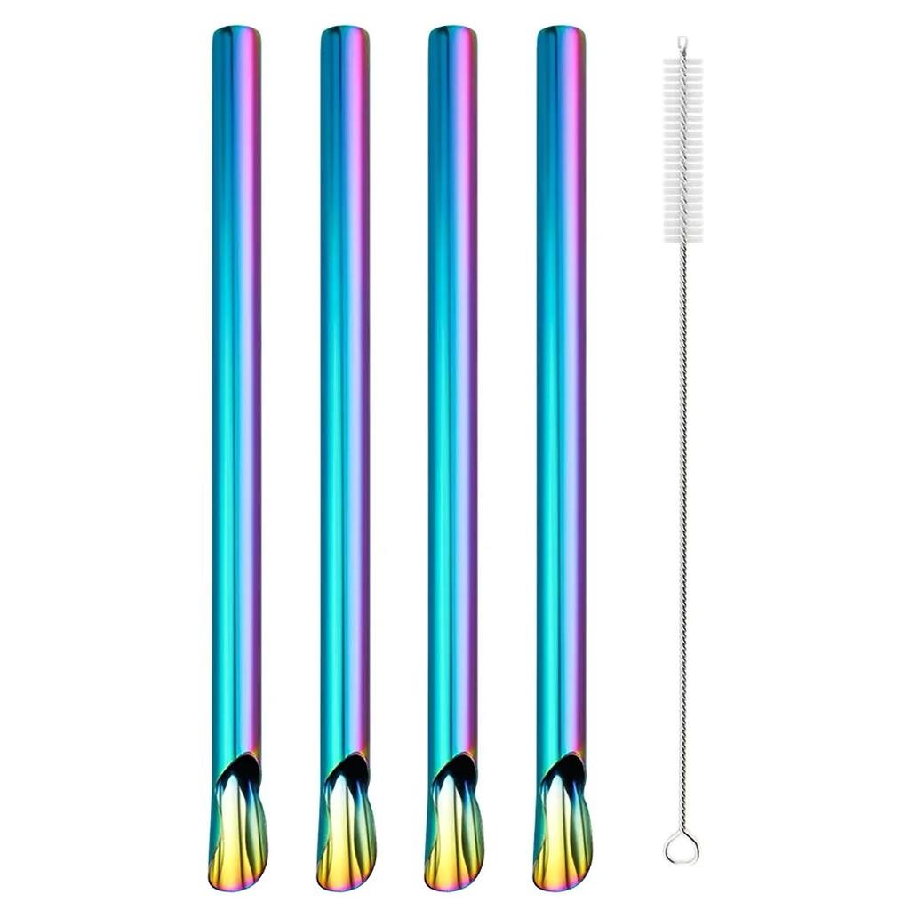 4Pcs Straw Spoon Durability Stirring Spoon Drinking Straw for Smoothie Milkshake Bar Reusable Stainless Steel Scoop