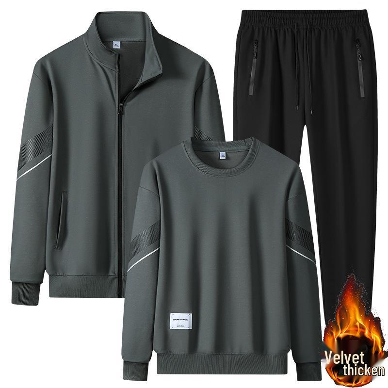 Men's Winter Plus Velvet Casual Sports Suit: Loose-Fit Round Neck Sweatshirt, Thick Coat, Trendy Large Size 3-Piece Set