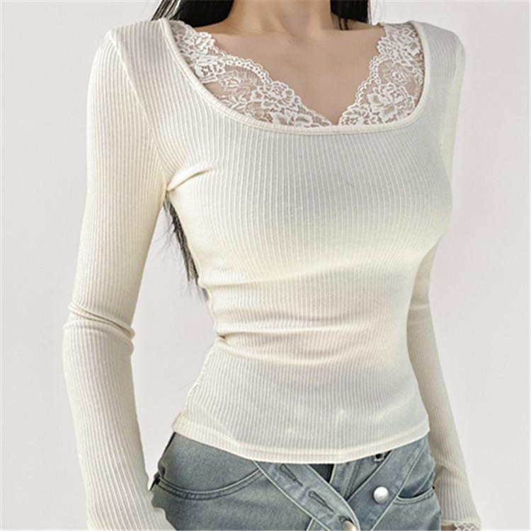 

Lace Trim Square Neck Bodycon Long Sleeve Shirt - Women s Spring Collection Large