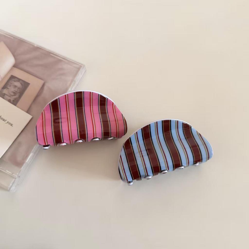 Korean Blue Stripe Acetate Claw Clip, Retro Style Updo Shark Clip for Girls
