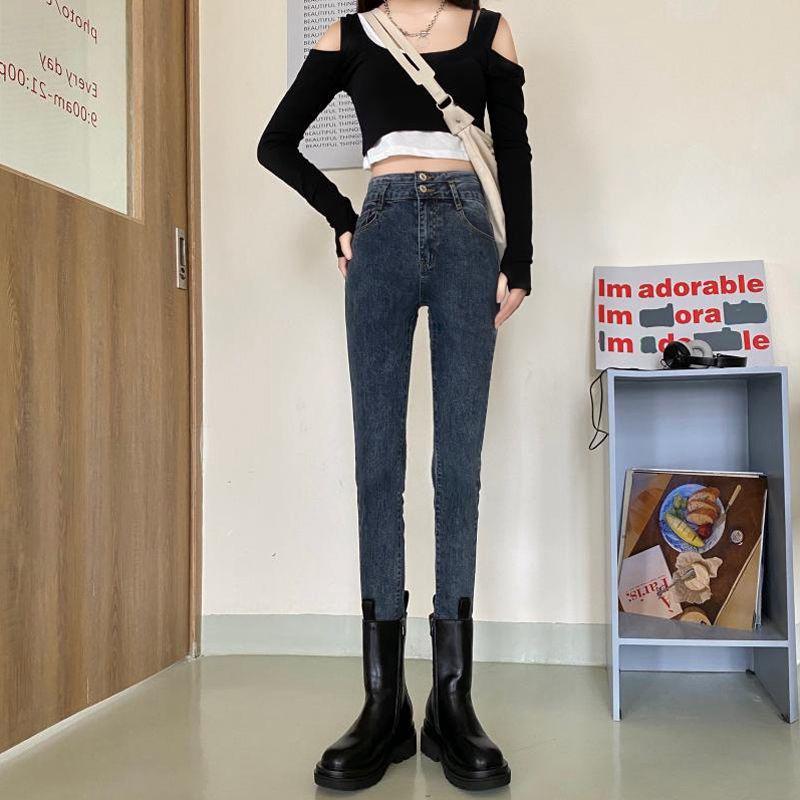 Korean Style Women's High-Waisted Elastic Skinny Jeans for Spring and Autumn