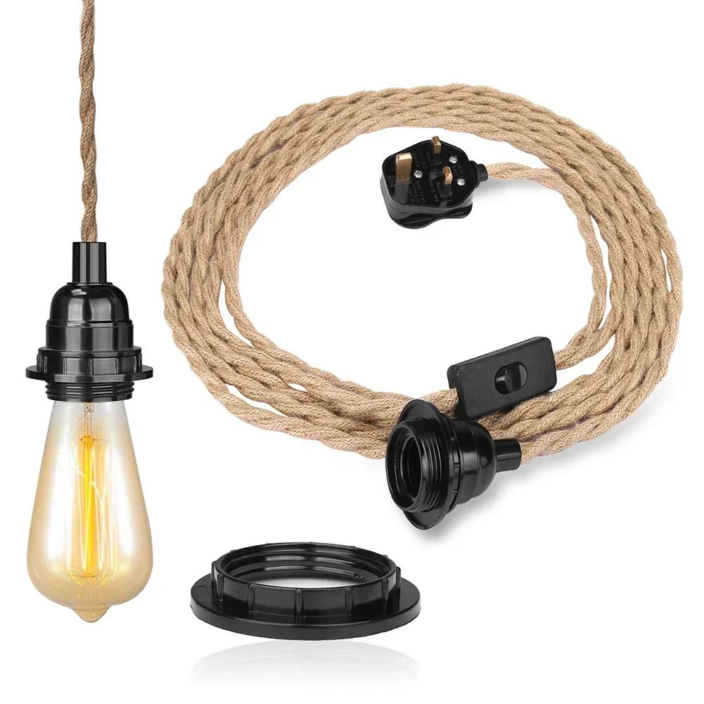 4.5/3.5M Pendant Lights Ceiling Lighting Fitting E27 Lamp Bases Suspended Kit with Plug In Cord Hemp Rope Rustic Hanging Lamps