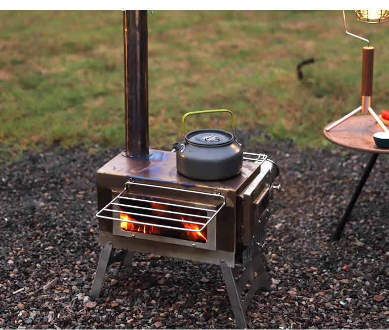 Portable Windproof Outdoor Stainless Steel Wood and Charcoal Camping Stove with Glass Heater and Grill
