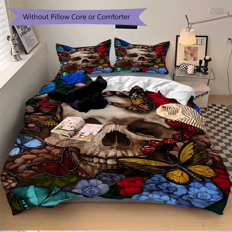 3pcs Skull, Butterfly Garden Duvet Cover Set - Machine Washable, Includes 1 Cover and 2 Pillowcases, No Core Included yy251013017