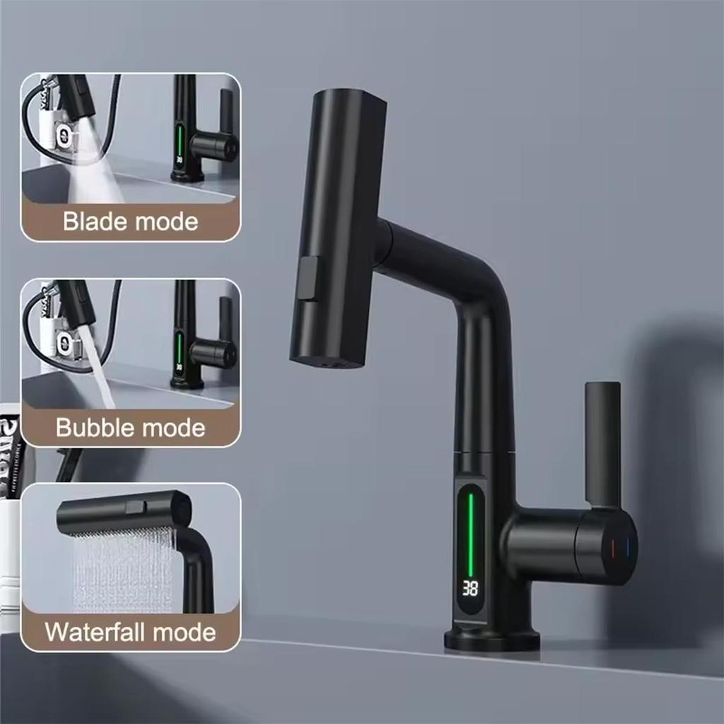 Cascade Dorée Température Affichage Numérique Robinet de Bassin d'Eau Chaud/Froid Mélangeur d'Évier Robinet de Salle de Bain/Cuisine Robinet Extensible