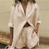 Damen Leinen Zweiteiler Outfit Oversized Hemd mit Knöpfen Kurze Ärmel Kordelzug Elastischer Bund Shorts Lässiges Strand Set
