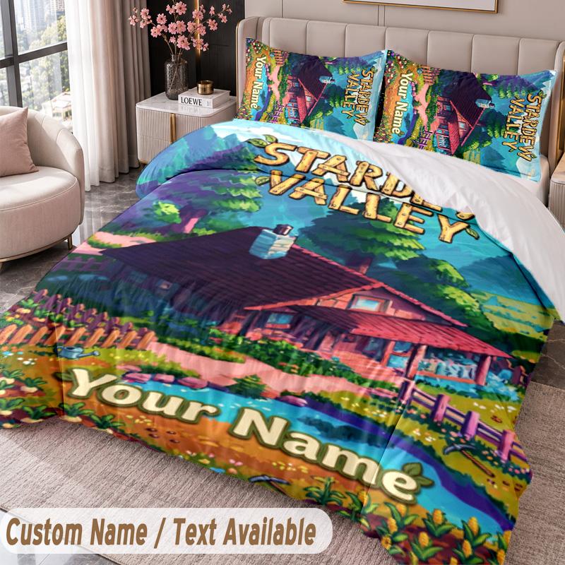 Custom Name Text 3Pcs Bedding Set Stardew Valley Duvet Cover And Two Pillowcases