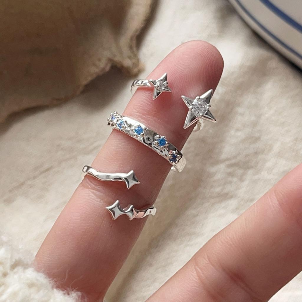 925 Sterling Silver Rings For Women Geometric Fine Jewelry Finger Adjustable Blue Star CZ Ring For Party Birthday Gift