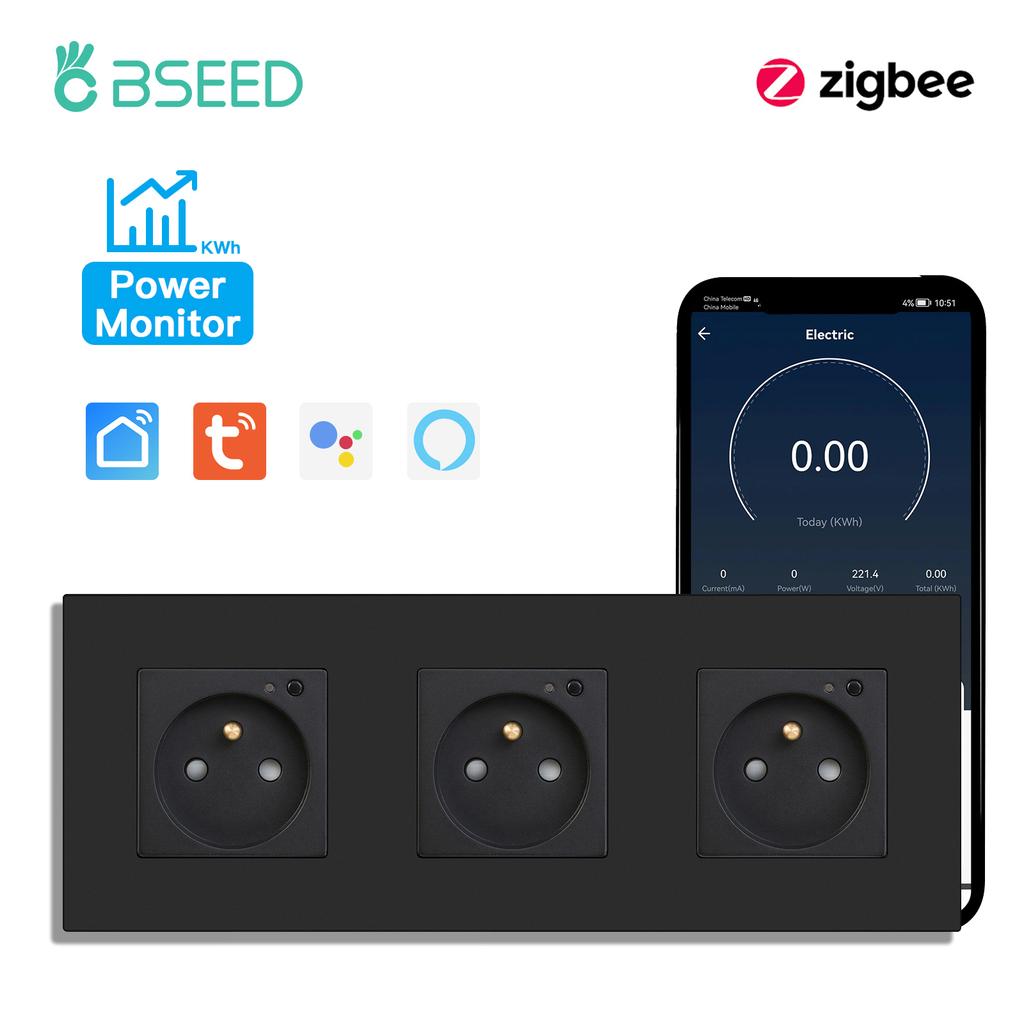 BSEED Zigbee French Smart Socket Doubel Wall Sockets Power Monitor Outlets Tuya Smart Life Alexa App Control Plastic Panel 16A