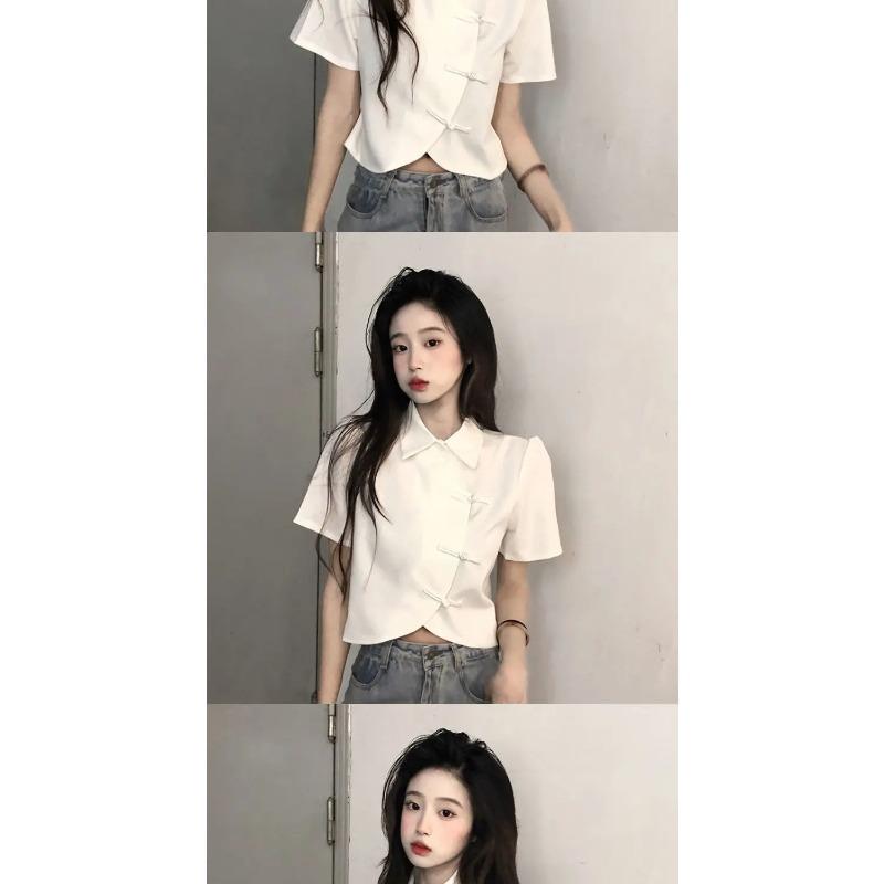 Chinese Style Shirts Women Modern Crop Pure Summer All-match Sweet Girl Irregular Fashion Lady Elegant Thin