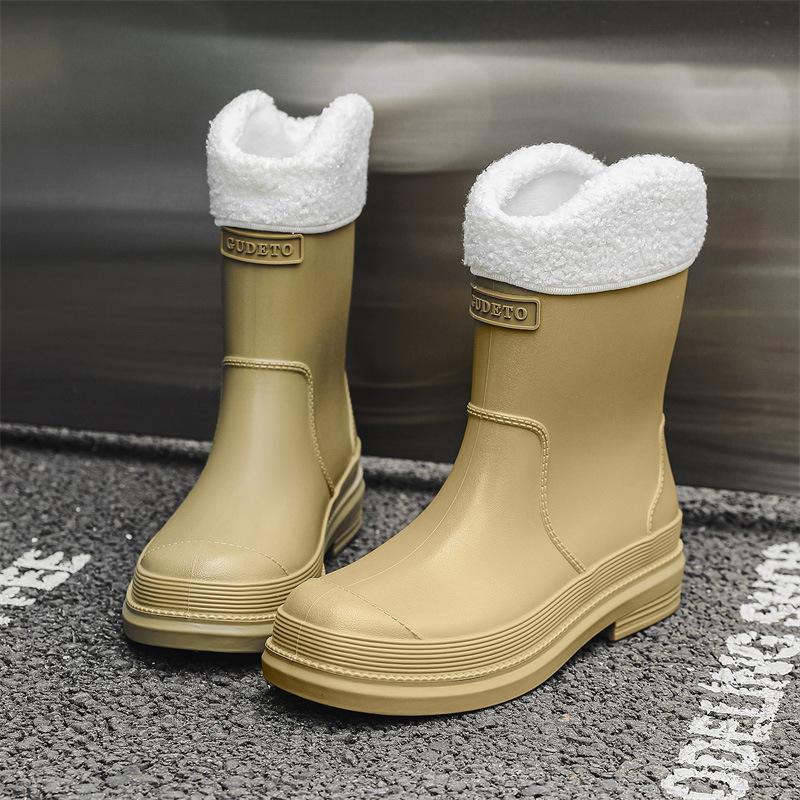 Non-slip women's rain shoes adult medium tube women's waterproof water shoes outdoor kitchen work rain boots velvet rubber shoes