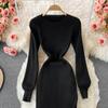 RUGOD Sexy Round Neck Knitted Slit Dress Women's New Autumn and Winter Bottoming Tight Elastic Wrap Hip Sweater Dress