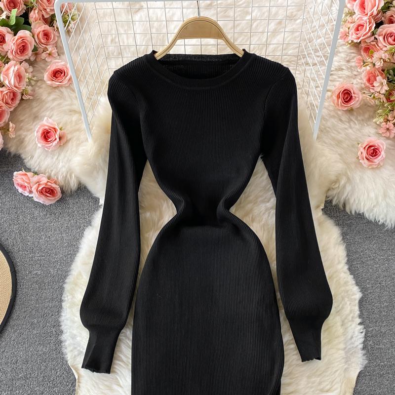 RUGOD Sexy Round Neck Knitted Slit Dress Women's New Autumn and Winter Bottoming Tight Elastic Wrap Hip Sweater Dress
