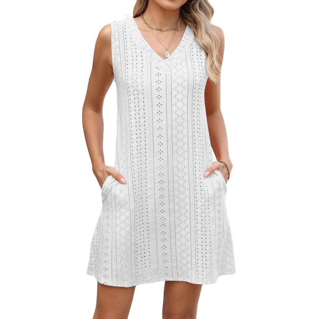 New Women's Solid Color V-neck Palace Lace Casual Pocket Summer Dress for Cross-border Europe America