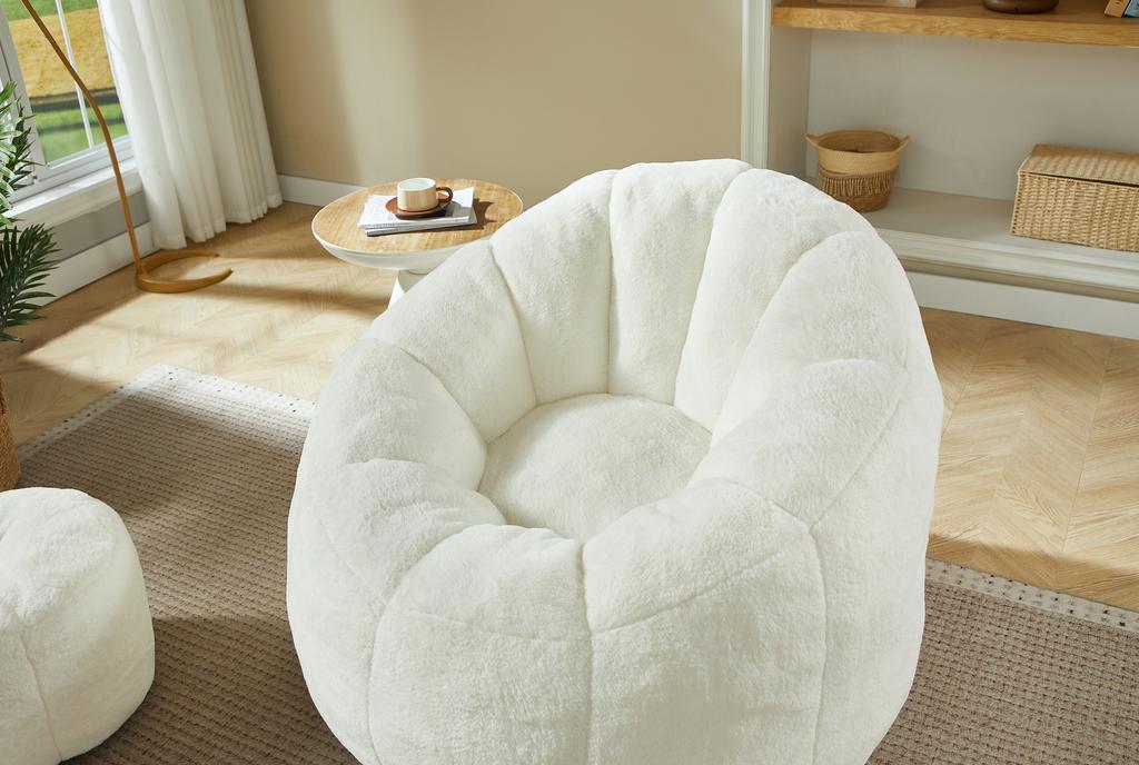Soft Flower-Shaped Bean Bag Chair for Adults with Footstool, Vacuum-Packed Without Assembly, Ideal for Living Room, Bedroom & Balcony, Cream White