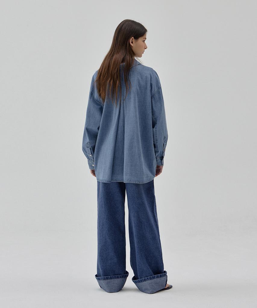 RYUL+WAI Denim Back Tuck Oversized Shirt Blue R6