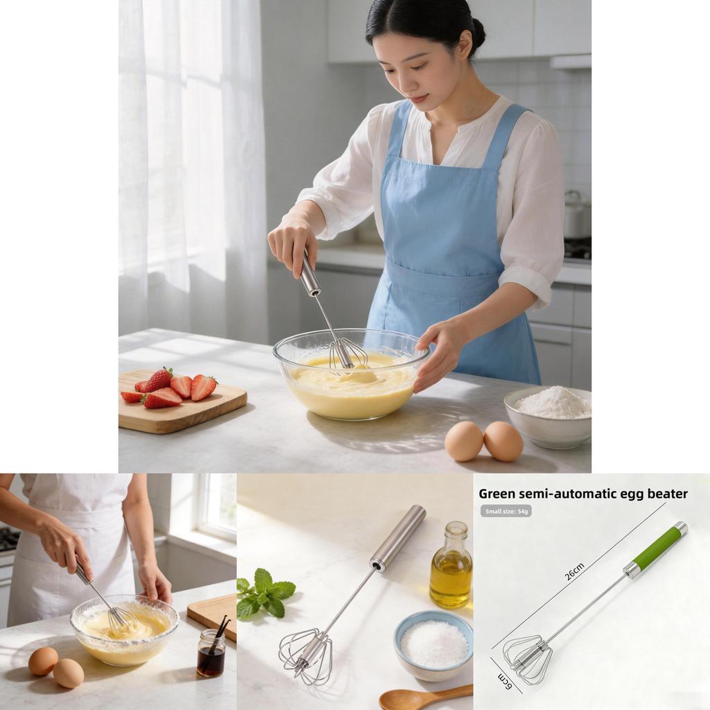Stainless Steel Handheld Egg Beater With Rotating Whisk For Baking And Cooking