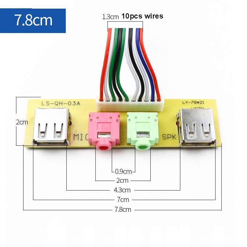 6.8 7.4 7.8cm Front Panel 2 USB 3.5mm Audio Mic Earphone Ports Extend Card Convert Adapter with 0.5m Cable for PC Computer Case