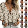 Women's Casual Halloween Print V-Neck Ruffle Trim Tie-Front Top with 3/4 Sleeves