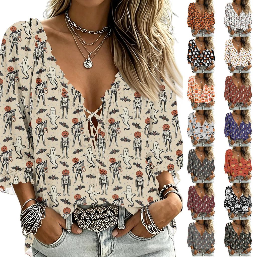 Women's Casual Halloween Print V-Neck Ruffle Trim Tie-Front Top with 3/4 Sleeves