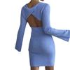 Women Sexy Backless Solid Long Knit Dress Flare Sleeve Slim Fit Elegant Sweater Dress