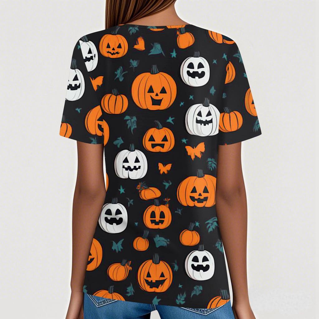 Women's T Shirt Tee Halloween Printed Button Short Sleeve Tunic Daily Weekend Fashion Basic V- Neck Regular Top