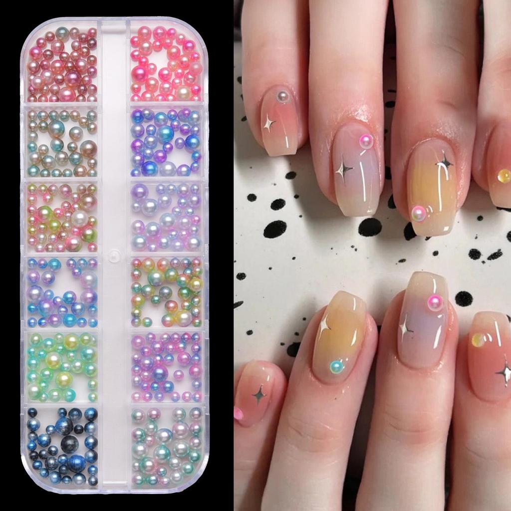 12-Grid Colorful Pearl Nail Art Decorations: Mixed-Size, Full/Half Round, Flat-Back Pearls for DIY.