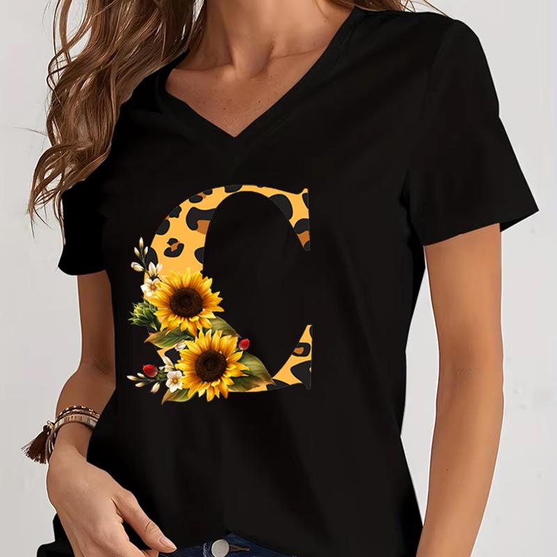 Women's V-Neck T-Shirt Sunflower Leopard Print Letter B Tee Top Floral Animal Print Initial Casual Tee A-Z 26 Alphabet Clothes