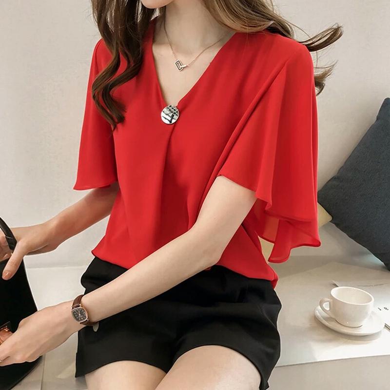 Women V Collar Medium Sleeve Chiffon Blouse T-shirt