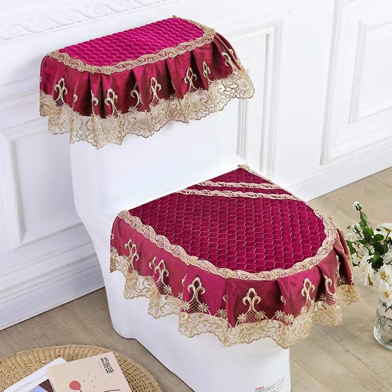 3PCS Velvet Skirt Style Toilet Mat Embroidered Lace Decorated Toilet Seat Mat Printed Dust Cover of Toilet Closestool