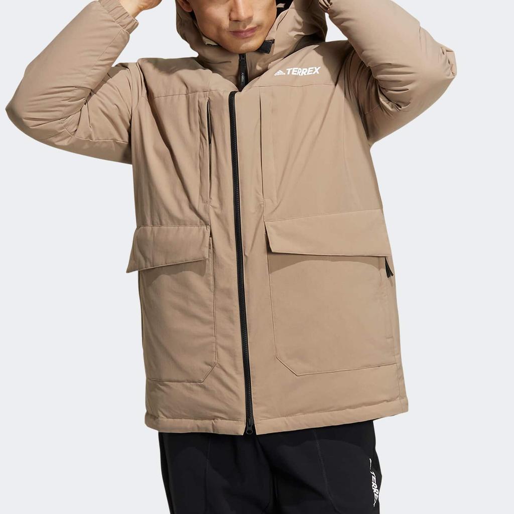 Adidas Solid Color Printed Logo Zip Hooded Down Jacket Unisex Outerwear Brown HR8445