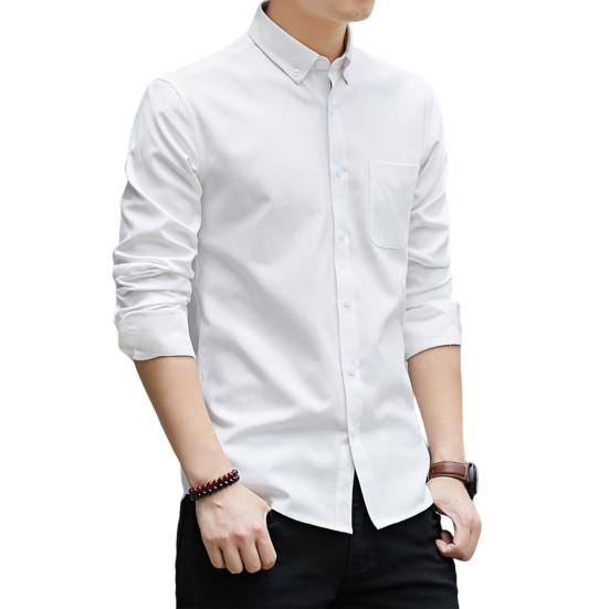 Camicia da uomo a maniche lunghe, tinta unita, con bottoni, monopetto, cardigan elegante, bavero, casual, da uomo, primaverile, per lavoro