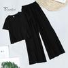 Women T-shirt Trousers Set 2 Pcs/Set Pants Solid Color Round Neck Short Sleeves Elastic Lady Top Waist Wide Leg Homewear Drawstring Suit Clothes