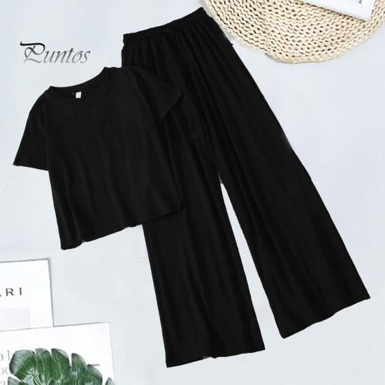 Women T-shirt Trousers Set 2 Pcs/Set Pants Solid Color Round Neck Short Sleeves Elastic Lady Top Waist Wide Leg Homewear Drawstring Suit Clothes