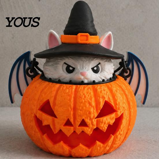 Kids Holiday Gift Halloween Cat Pumpkin Lantern, 3D Printed Glowing Figurine Witch Decoration with Hat, Spooky Tabletop Ornament, Festive Party
