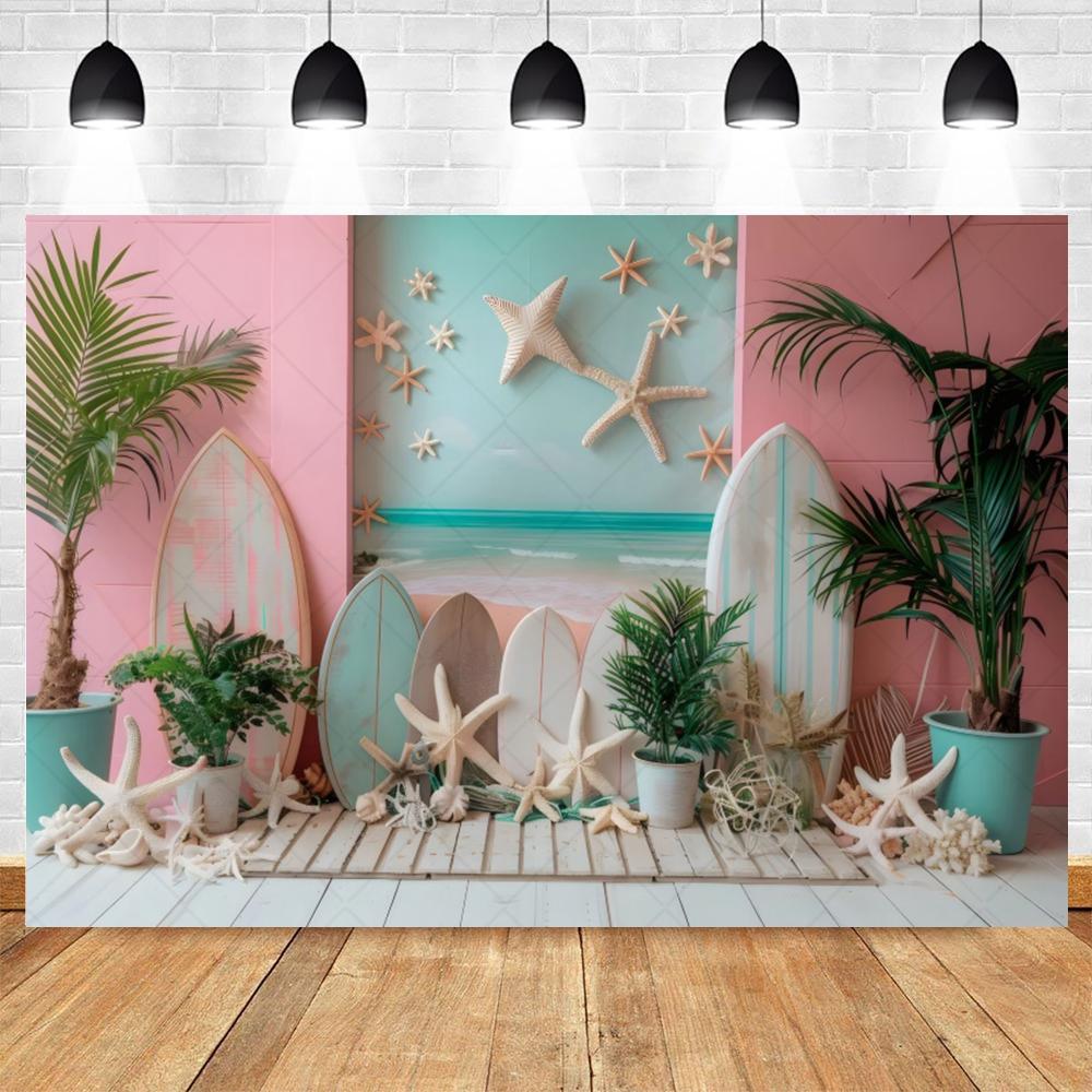 Summer Beach Photography Backdrop Hawaiian Pink Tropical Ocean Seaside Surfboard Kids Birthday Holiday Party Photo Background