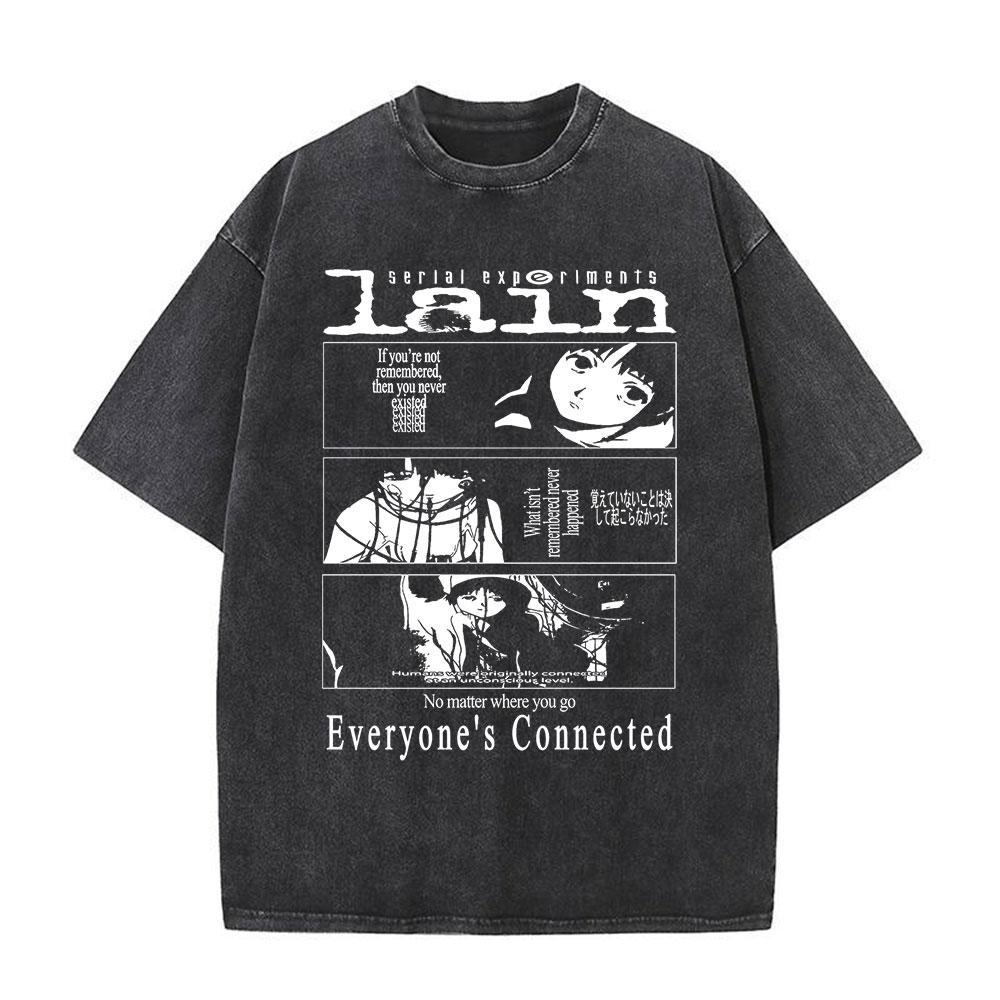 Japanese Anime Serial Experiments Lain Vintage Washed T Shirt Manga Iwakura Girl Sci Fi T-shirts Men 100% Cotton Casual T Shirt