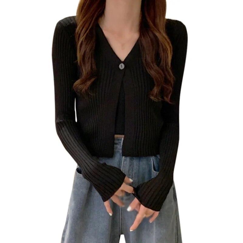 Dámské jednobarevné zapínání na knoflíky s dlouhými rukávy, dámský pletený kardigan