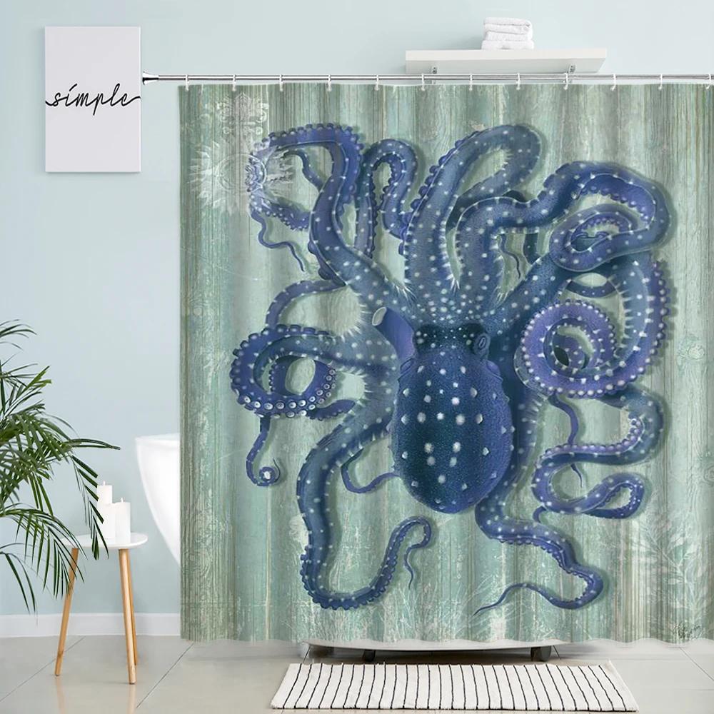 

Морская черепаха Морской конек Осьминог Шторки для душа Океанические животные Щупальца Винтажный принт карты Тканевая занавеска для ванной Домашний декор Крючки 150x180cm-60x70in
