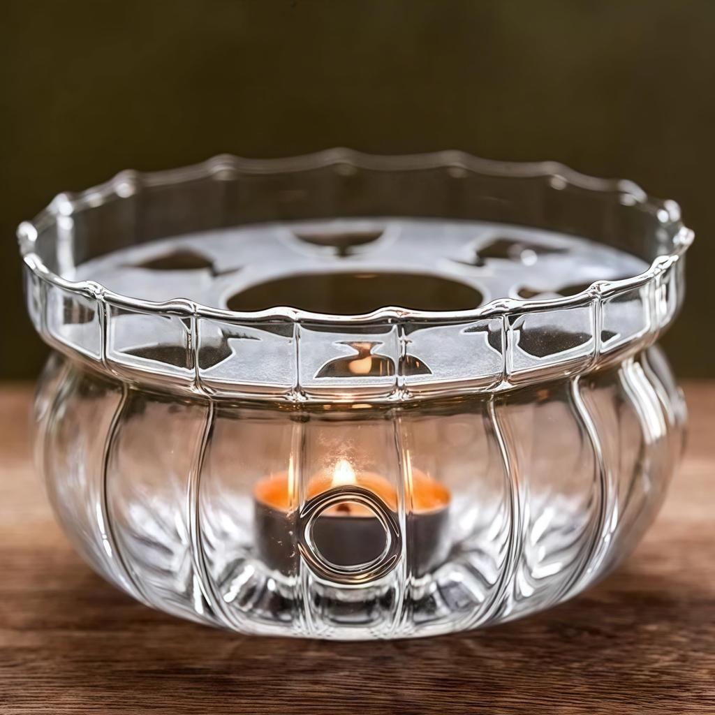 Transparent Pumpkin-Shaped Glass Teapot and Tea Warmer Set, 600ml Capacity, Includes Tea Strainer, Teapot, Pot Warmer, and Candle Holder. Stylish